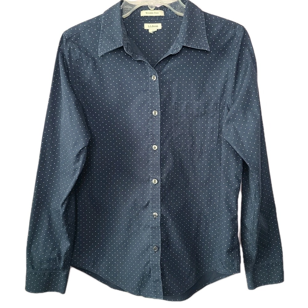 LL Bean‎ Women's Blue Polka Dot Wrinkle Free Chambray Button-Down Shirt